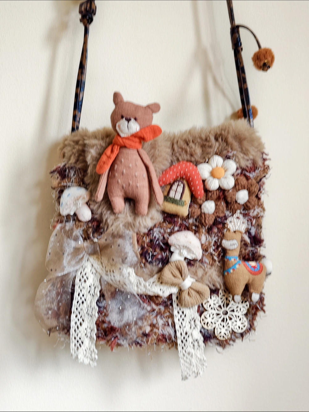Handmade Plush Bear and Floral Crossbody Bag, Crochet Cottagecore Shoulder Bag - Picture 13 of 16